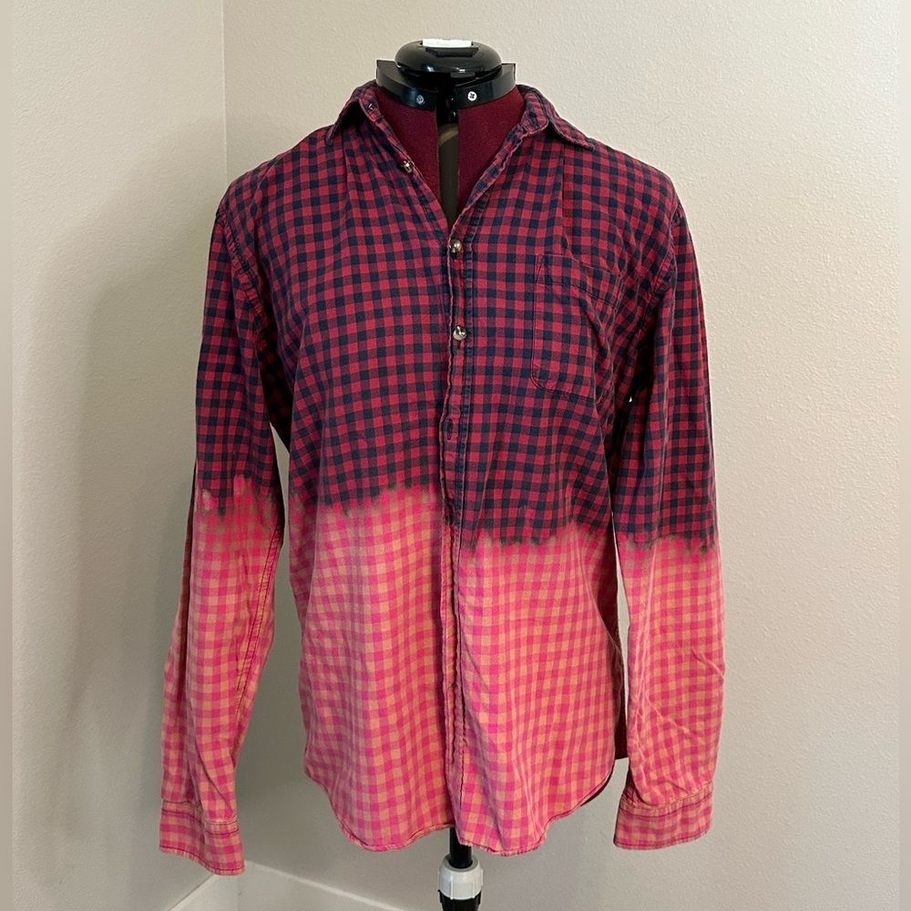 Cotton Distressed bleach dipped Button Down Men's Medium, Sustainable Fashion